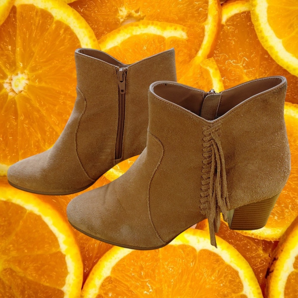 GH Bass Eve Tan Suede Fringe Ankle Boots Women 8M Western Block Heel Booties